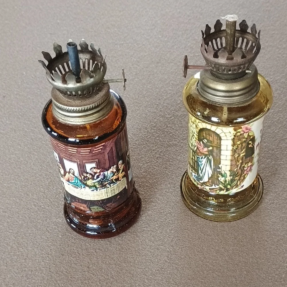 Vintage Amber and Pale Yellow Glass Mini Oil Lanterns with Religious Panels